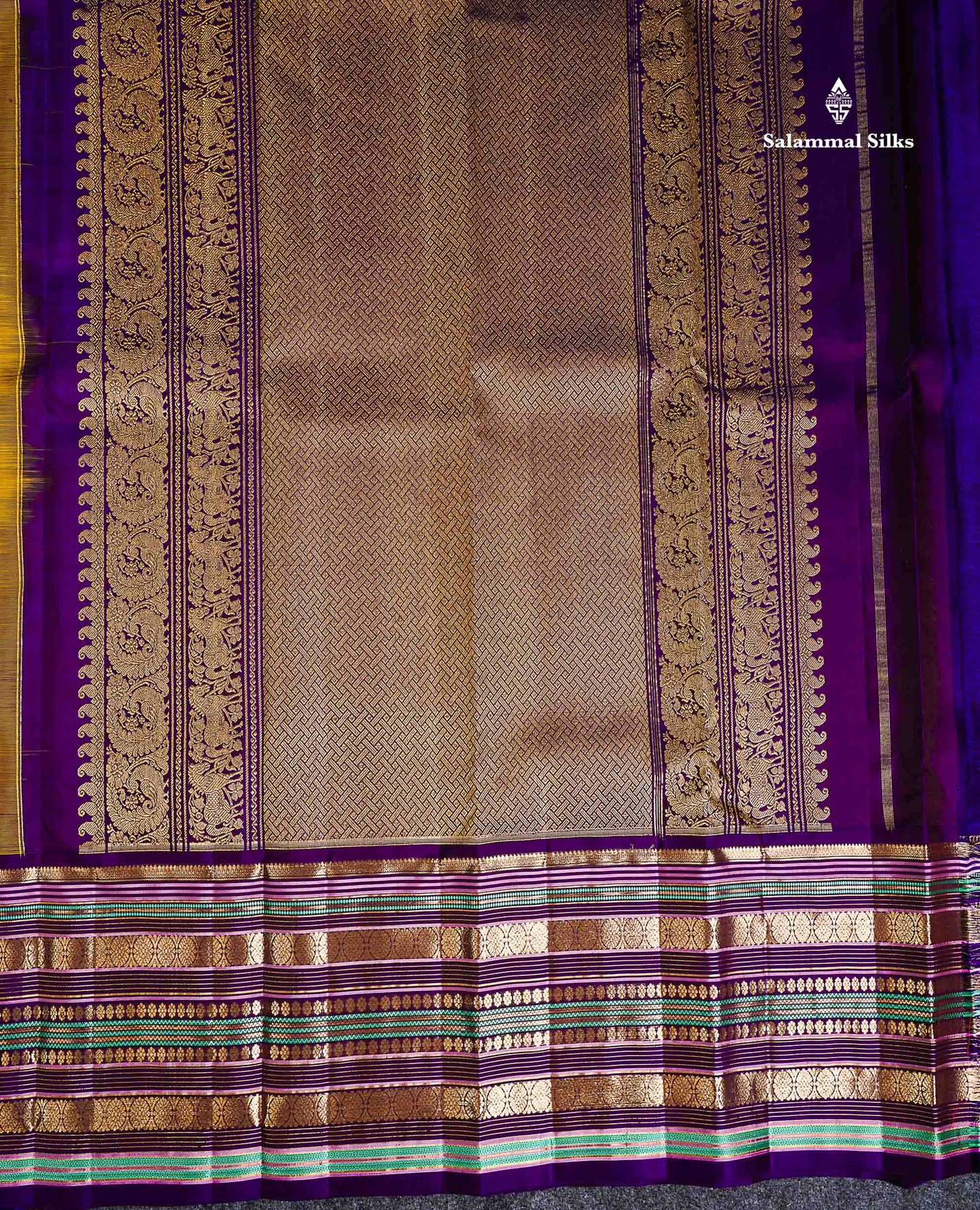 Pure Kanjivaram Silk Saree - Olive Mustard Yellow Zari Butta Along With Contrast Dark Purple Traditional Long Border