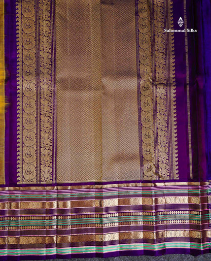 Pure Kanjivaram Silk Saree - Olive Mustard Yellow Zari Butta Along With Contrast Dark Purple Traditional Long Border