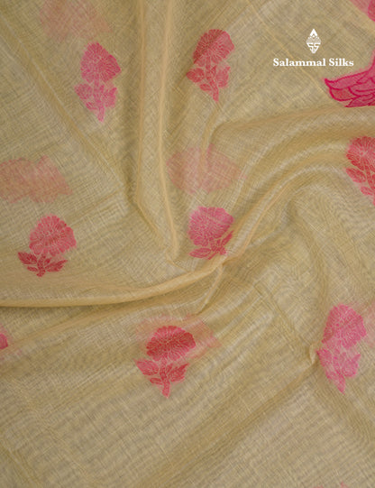 Beautiful Light Yellow Muga Cotton Saree With Contrast Light Red Blouse