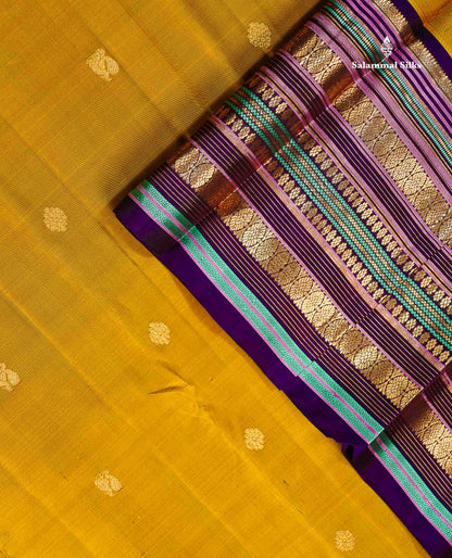 Pure Kanjivaram Silk Saree - Olive Mustard Yellow Zari Butta Along With Contrast Dark Purple Traditional Long Border
