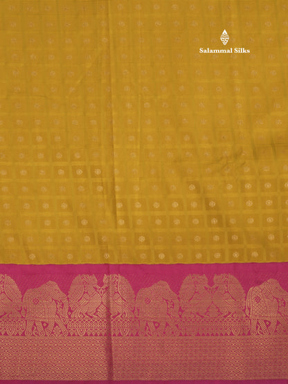 1000 Buttas Mustard Yellow Semi Silk Saree With Contrast Pink Traditional Border