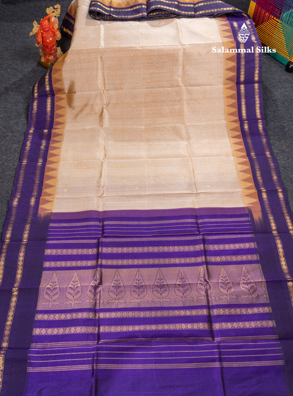 Sandal Pure Silk Cotton Saree With Contrast Violet Traditional Temple & Rettapet Border