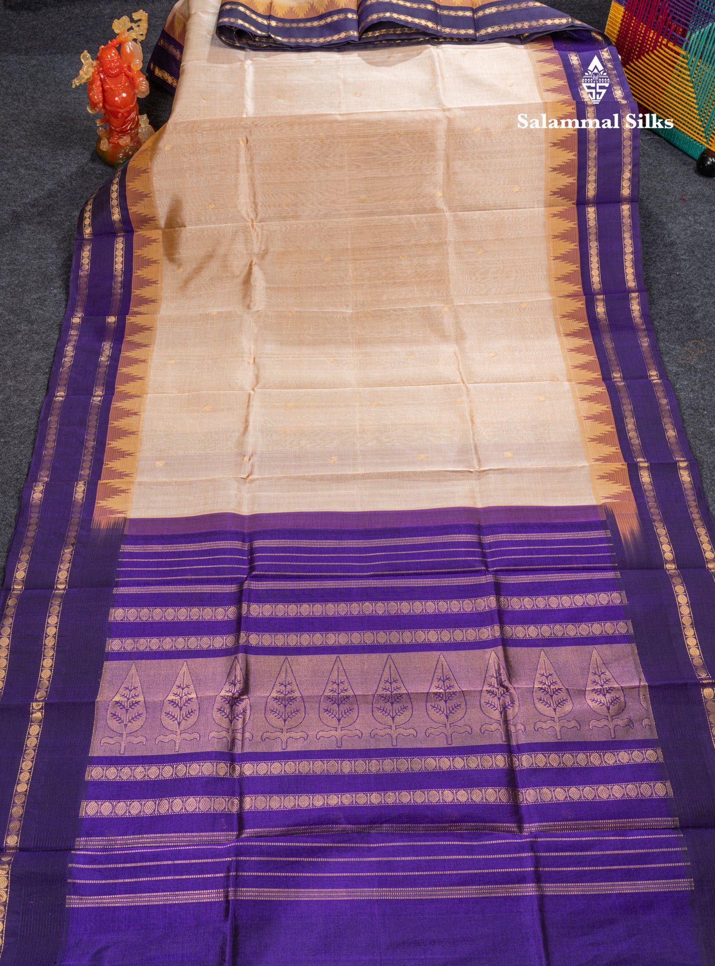 Sandal Pure Silk Cotton Saree With Contrast Violet Traditional Temple & Rettapet Border
