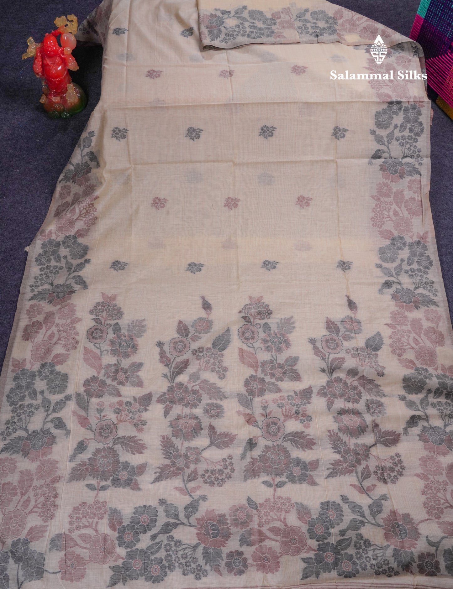 Beautiful Dark Peach Muga Cotton Saree With Contrast Maroon Blouse