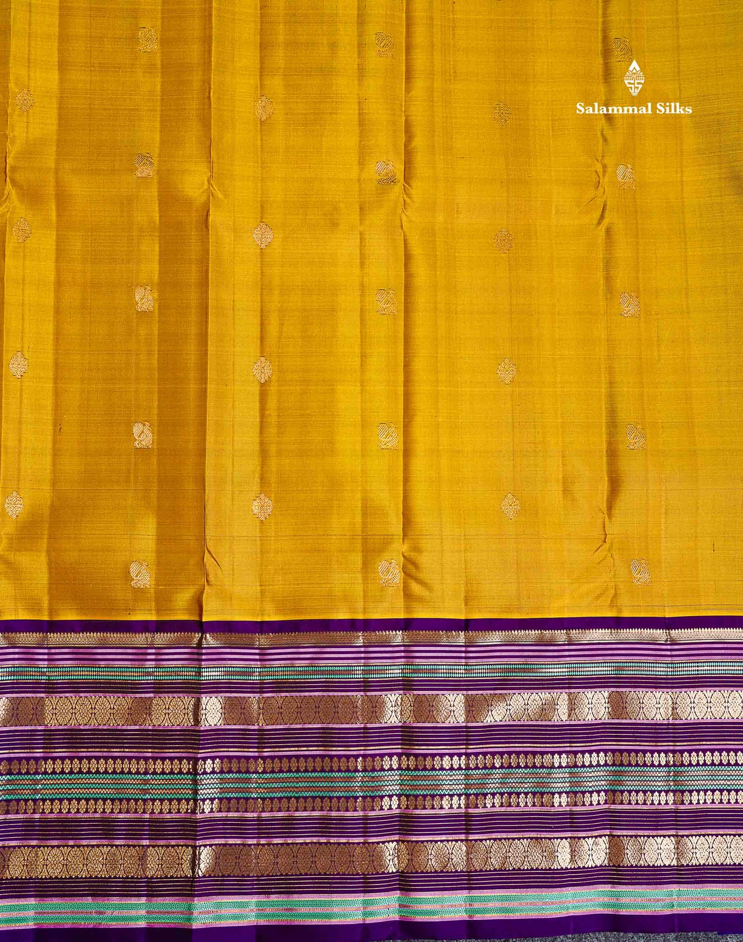 Pure Kanjivaram Silk Saree - Olive Mustard Yellow Zari Butta Along With Contrast Dark Purple Traditional Long Border