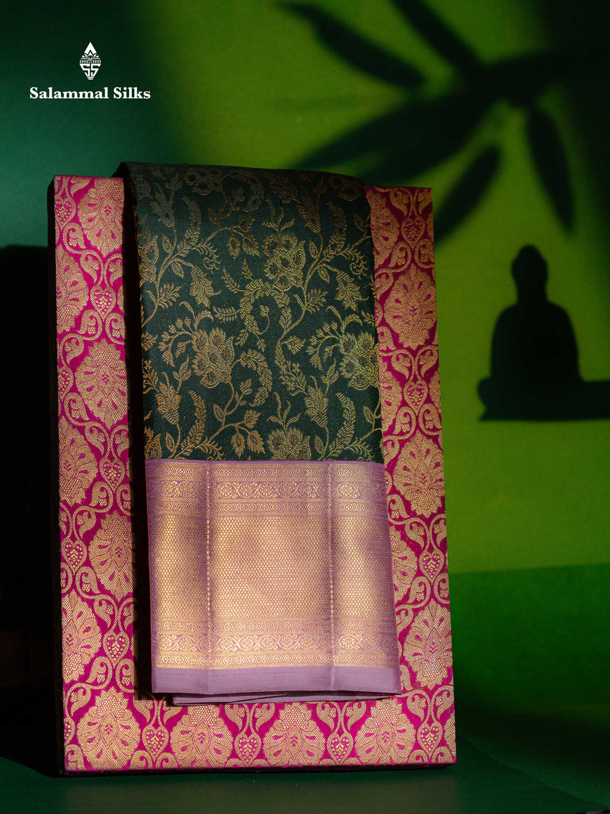 Korvai Beautiful Bottle Green Pure Kanjivaram Silk Saree Pure Zari With Contrast Light Pink Traditional Border