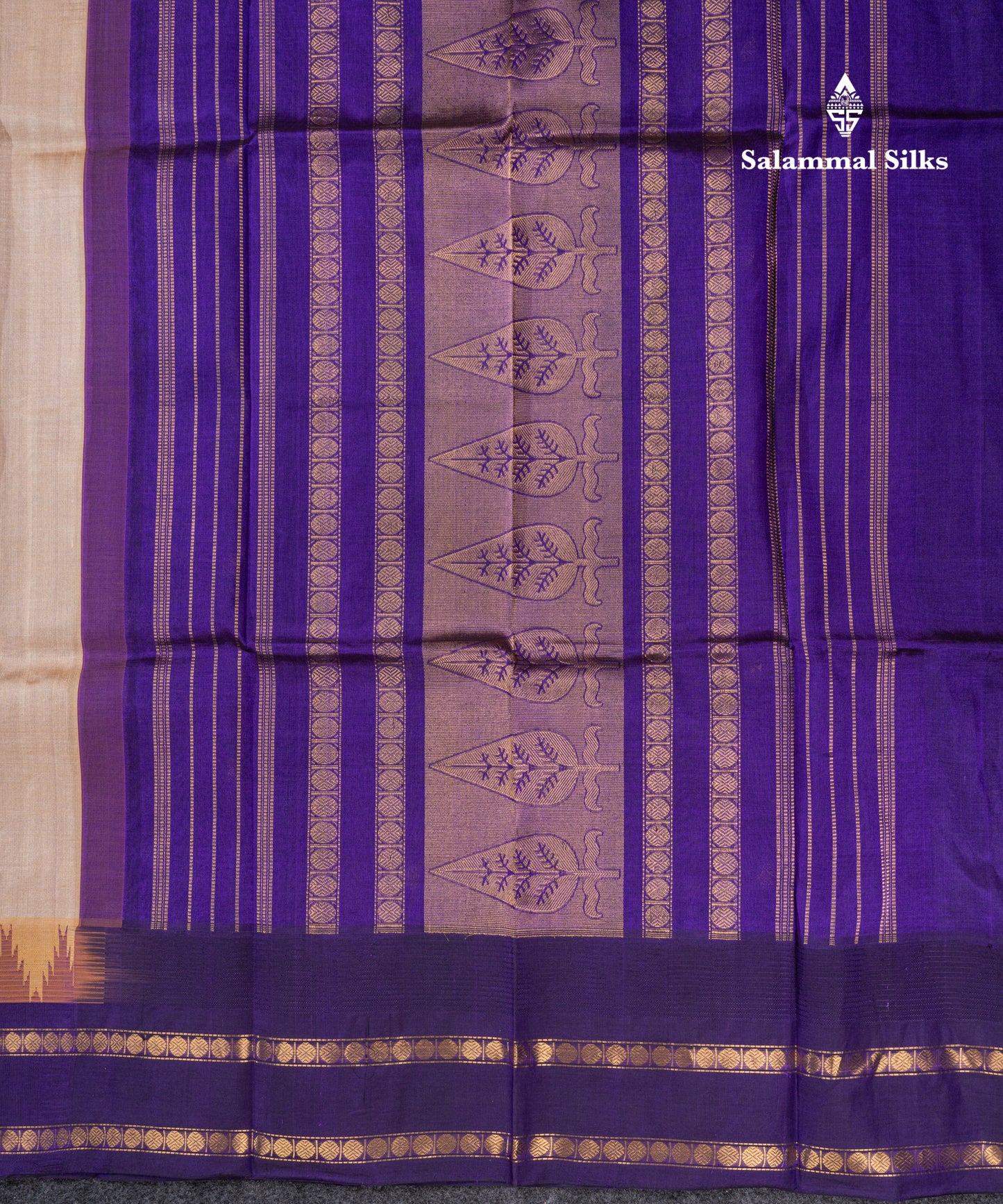 Sandal Pure Silk Cotton Saree With Contrast Violet Traditional Temple & Rettapet Border