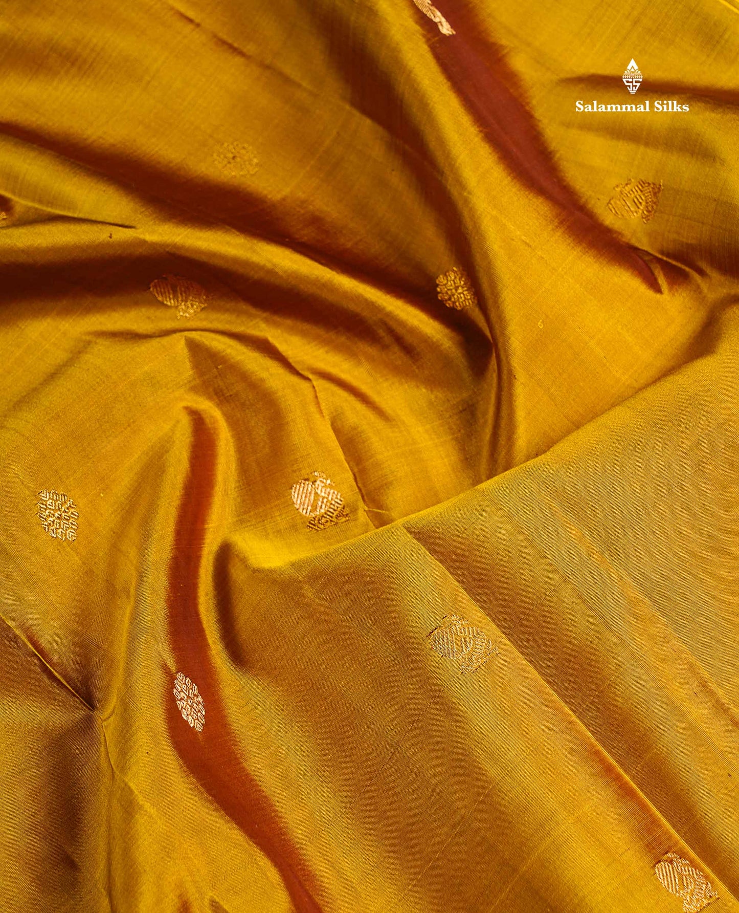 Pure Kanjivaram Silk Saree - Olive Mustard Yellow Zari Butta Along With Contrast Dark Purple Traditional Long Border