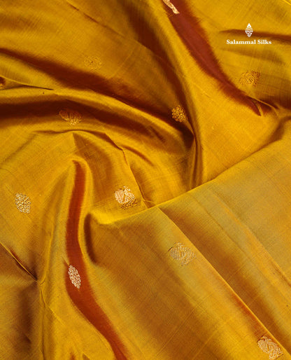 Pure Kanjivaram Silk Saree - Olive Mustard Yellow Zari Butta Along With Contrast Dark Purple Traditional Long Border