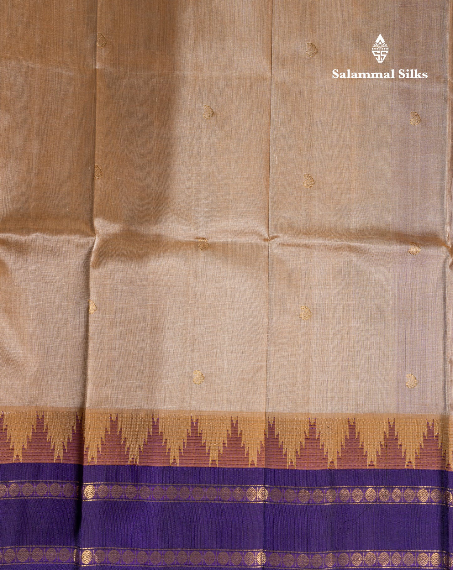 Sandal Pure Silk Cotton Saree With Contrast Violet Traditional Temple & Rettapet Border