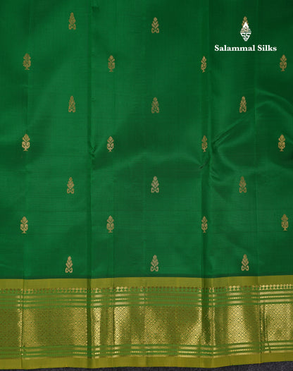 Beautiful Bottle Green Pure Kanjivaram Silk Saree With Contrast Parrot Green Traditional One Side Border