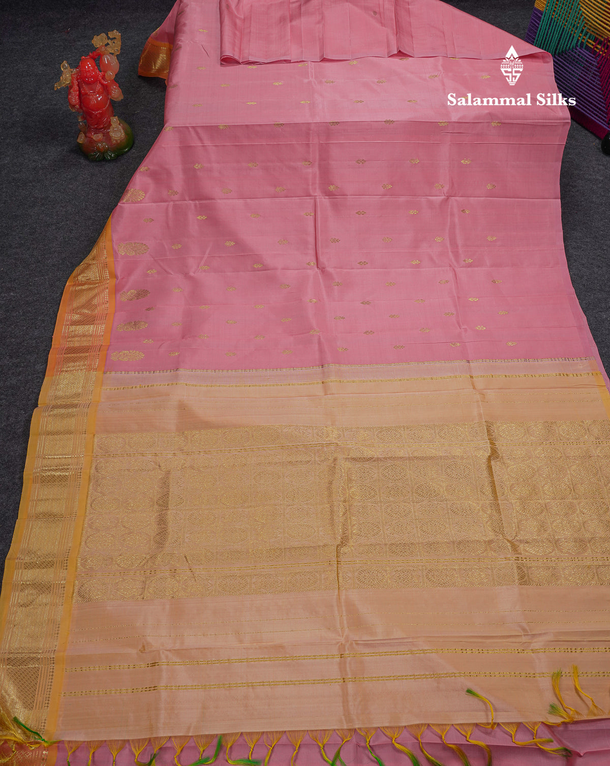 Beautiful Onion Pink Pure Kanjivaram Silk Saree With Contrast Light Yellow Traditional One Side Border