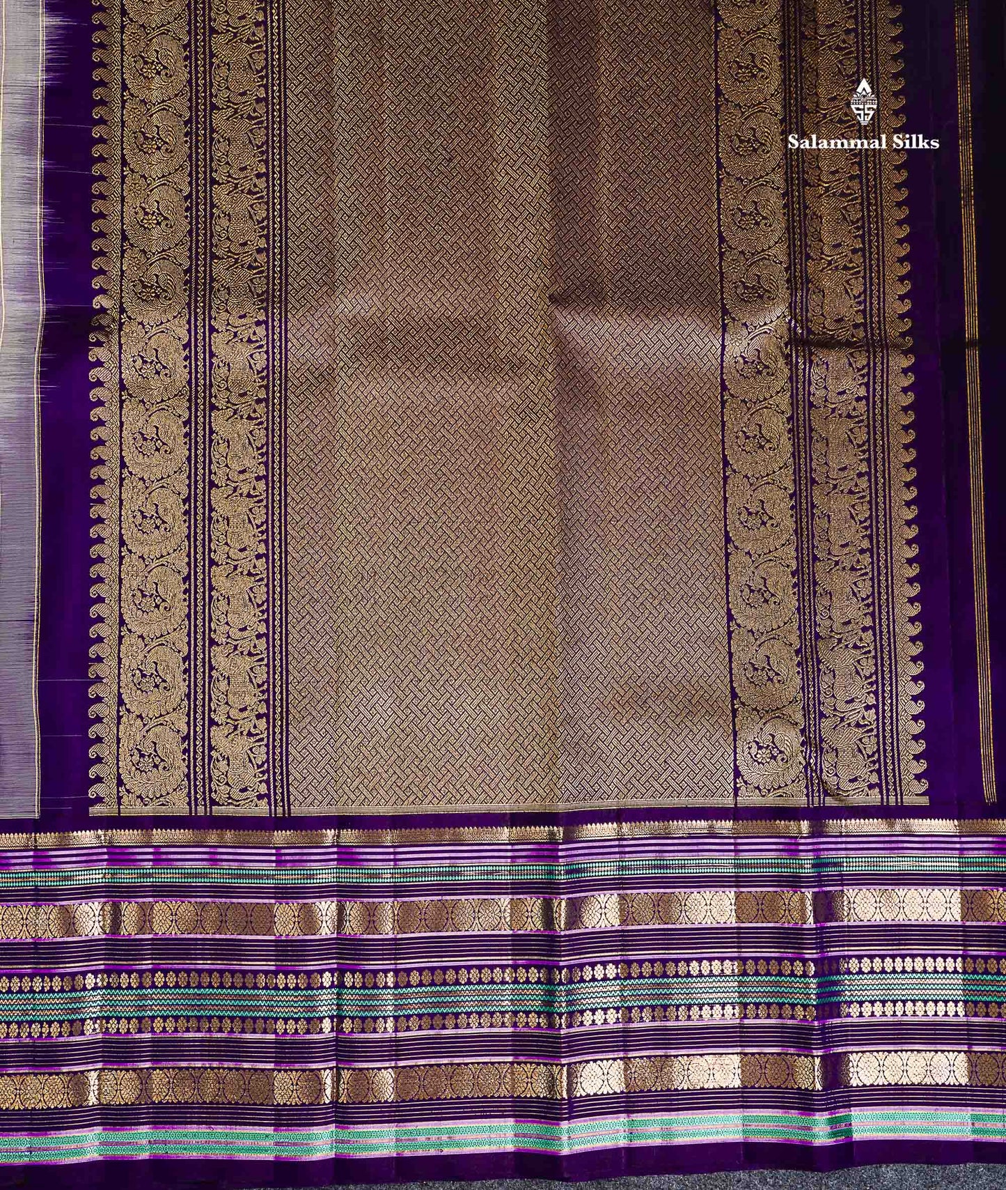 Pure Kanjivaram Silk Saree - Grey White Zari Butta Along With Contrast Dark Purple Traditional Long Border