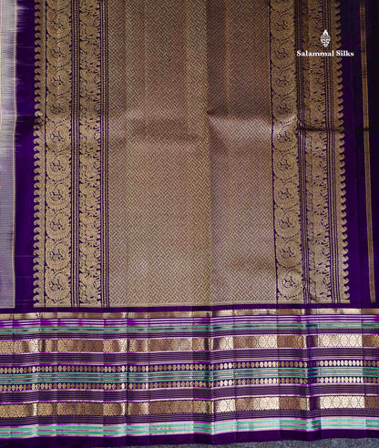 Pure Kanjivaram Silk Saree - Grey White Zari Butta Along With Contrast Dark Purple Traditional Long Border