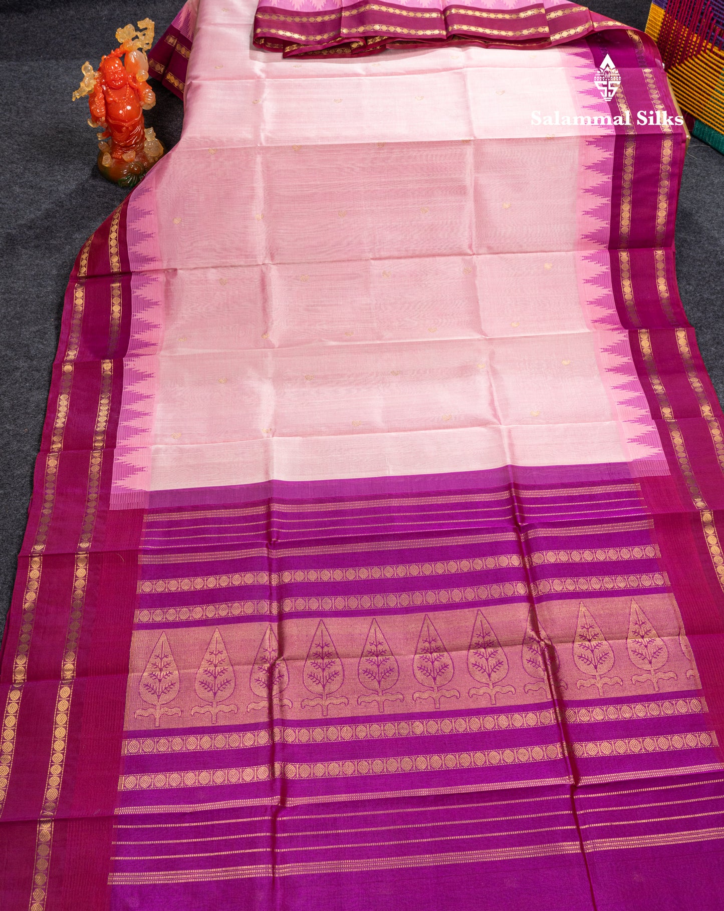 Sandal Pure Silk Cotton Saree With Contrast Violet Traditional Temple & Rettapet Border