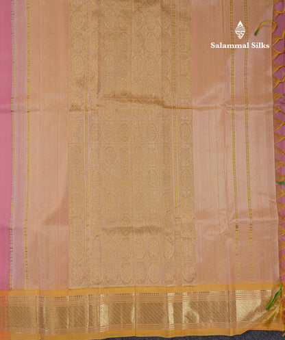 Beautiful Onion Pink Pure Kanjivaram Silk Saree With Contrast Light Yellow Traditional One Side Border