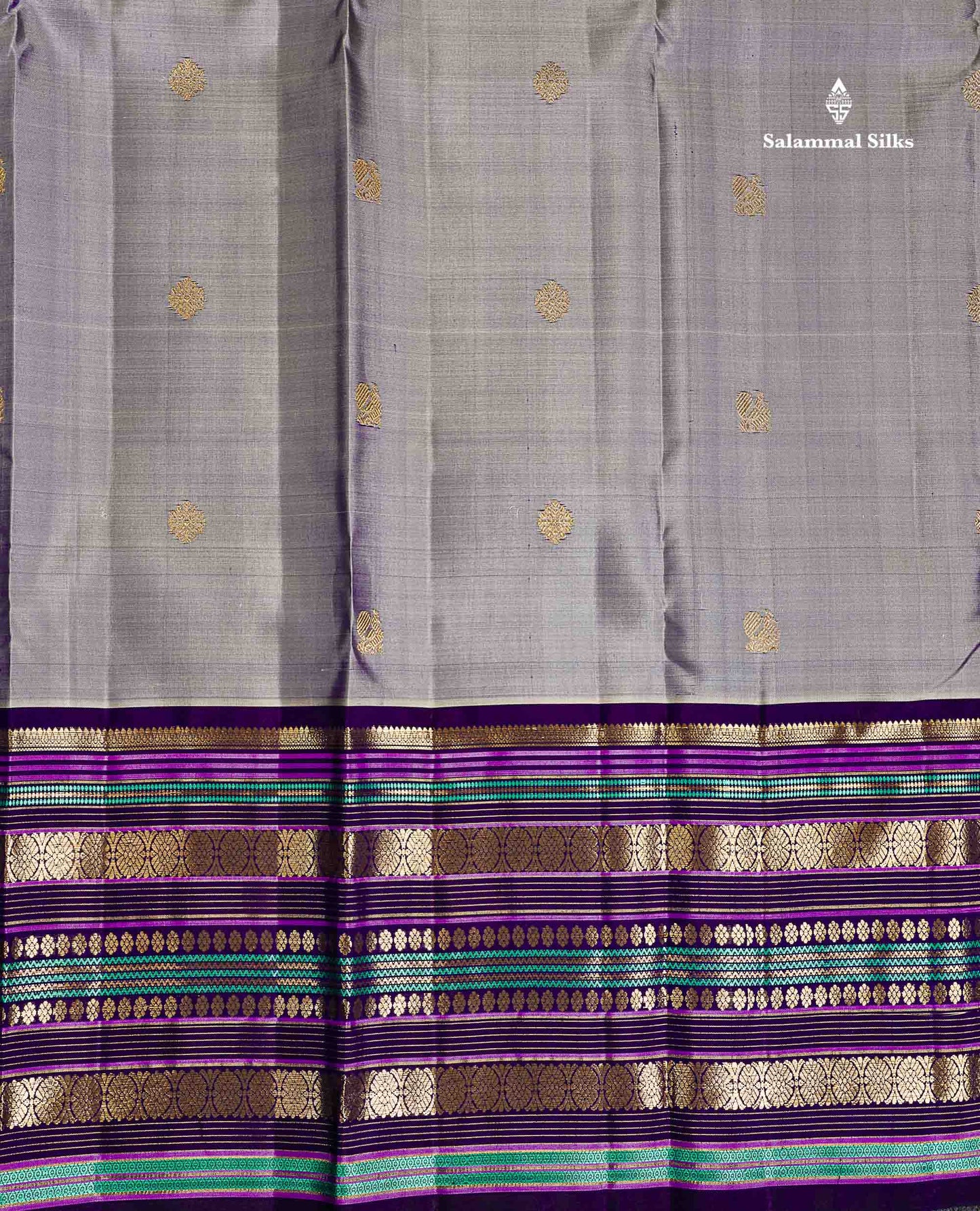 Pure Kanjivaram Silk Saree - Grey White Zari Butta Along With Contrast Dark Purple Traditional Long Border