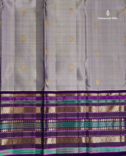 Pure Kanjivaram Silk Saree - Grey White Zari Butta Along With Contrast Dark Purple Traditional Long Border