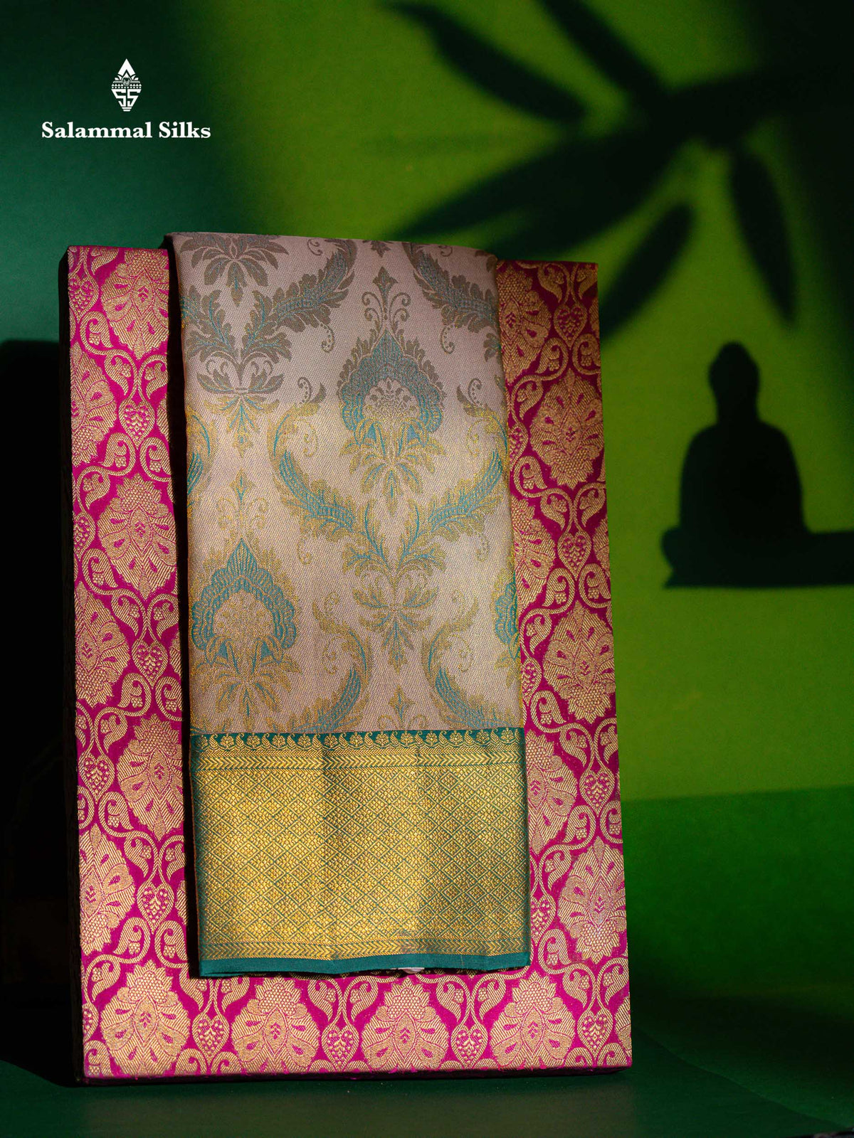Beautiful Cream Sandal Bridal Pure Kanjivaram Silk Saree With Contrast Sapphire Green Traditional Border
