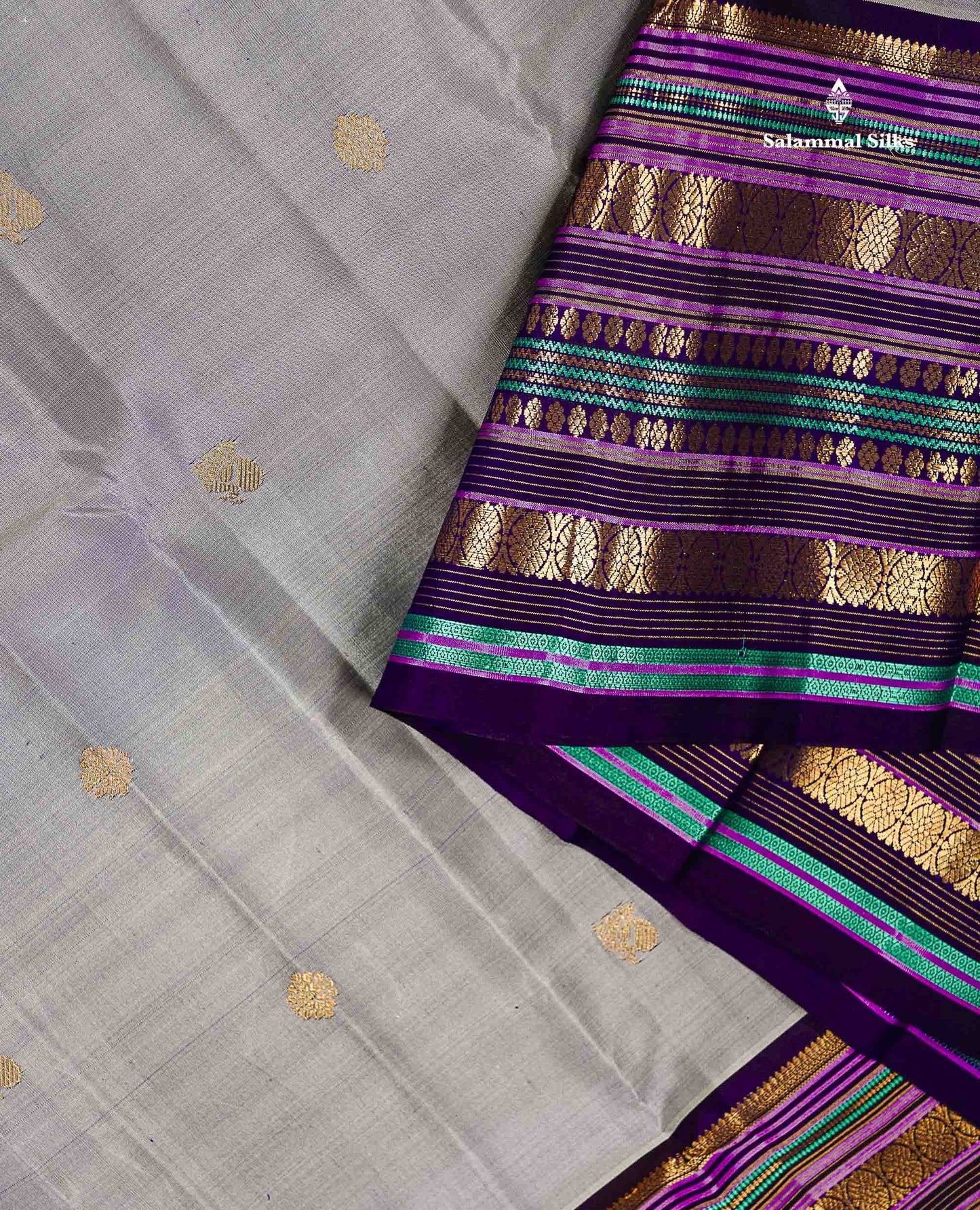 Pure Kanjivaram Silk Saree - Grey White Zari Butta Along With Contrast Dark Purple Traditional Long Border