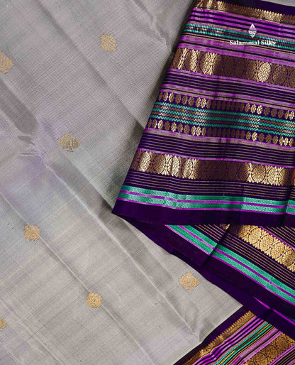 Pure Kanjivaram Silk Saree - Grey White Zari Butta Along With Contrast Dark Purple Traditional Long Border