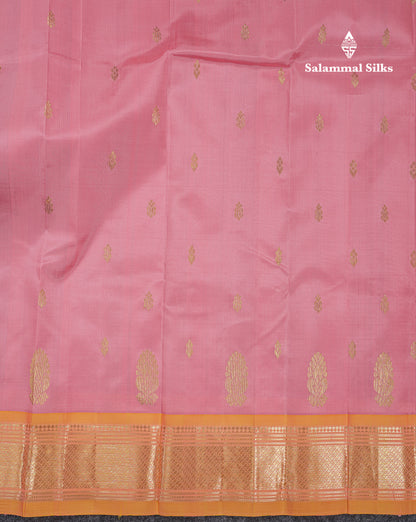 Beautiful Onion Pink Pure Kanjivaram Silk Saree With Contrast Light Yellow Traditional One Side Border