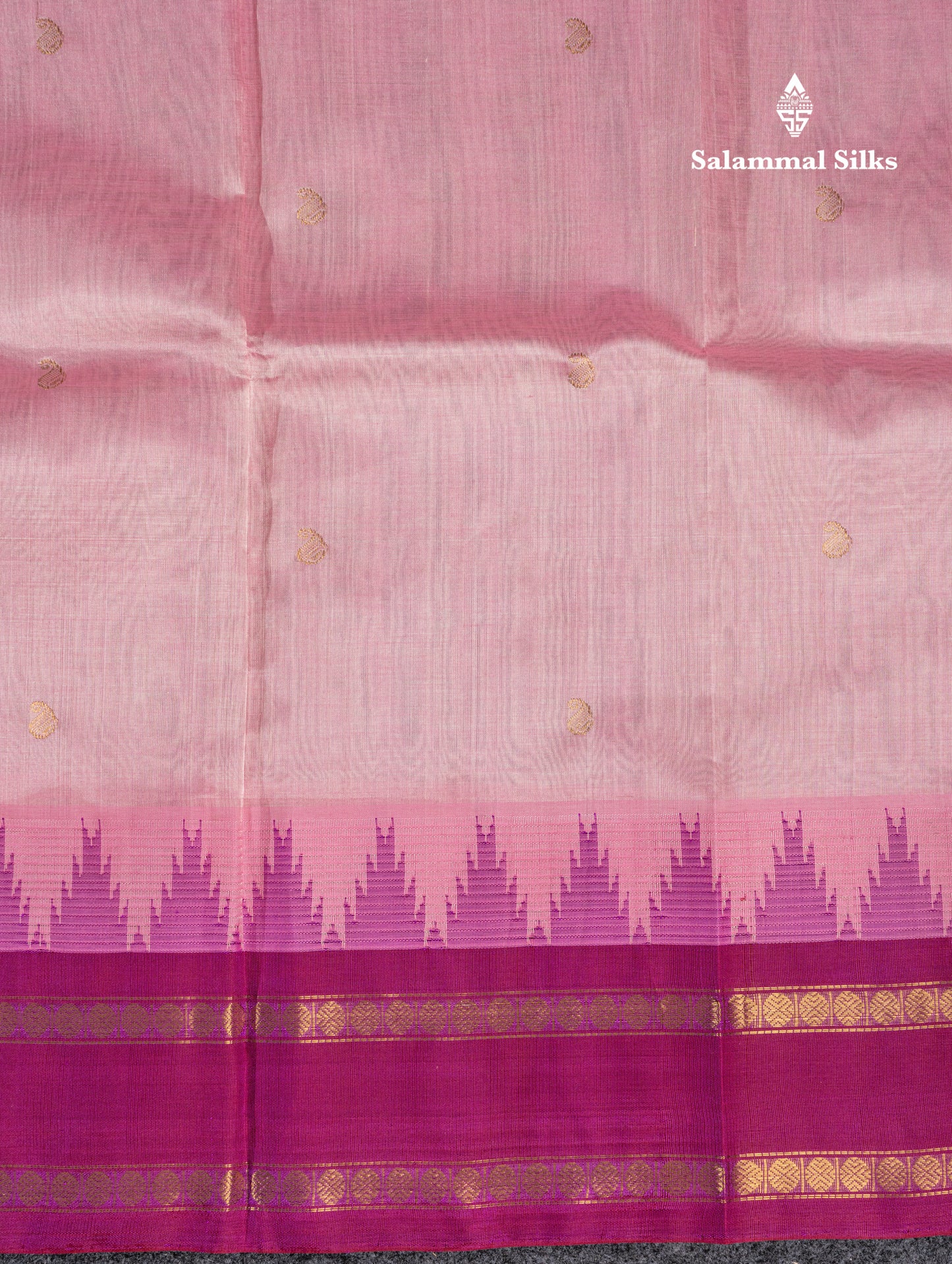 Sandal Pure Silk Cotton Saree With Contrast Violet Traditional Temple & Rettapet Border