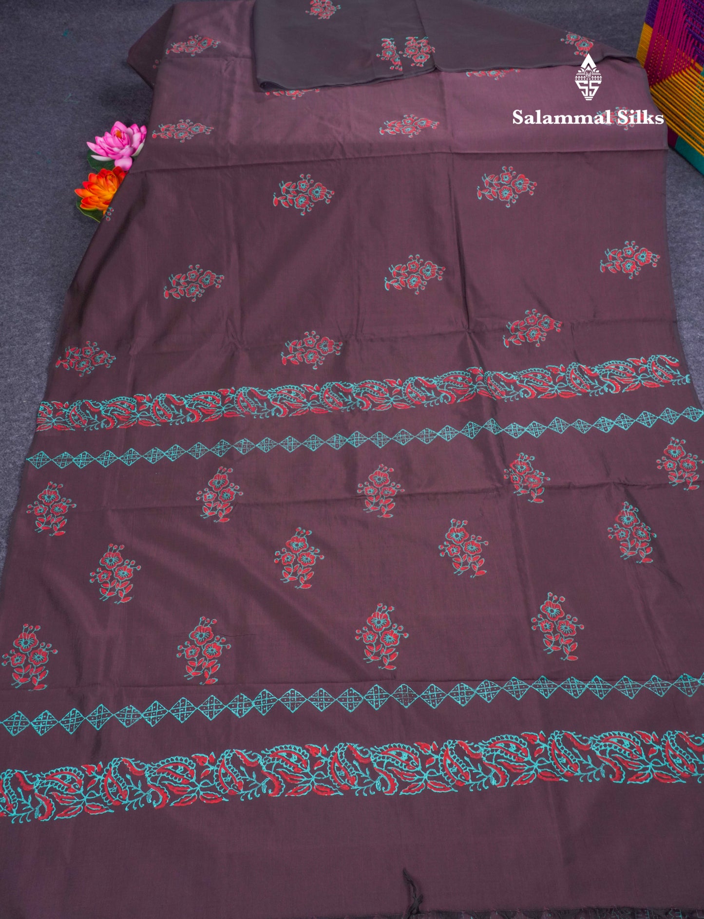 Dark Brown South Cotton Printed Saree With Contrast Sapphire Green Blouse