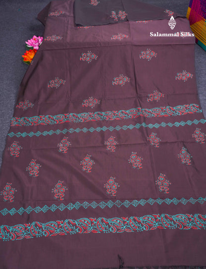 Dark Brown South Cotton Printed Saree With Contrast Sapphire Green Blouse