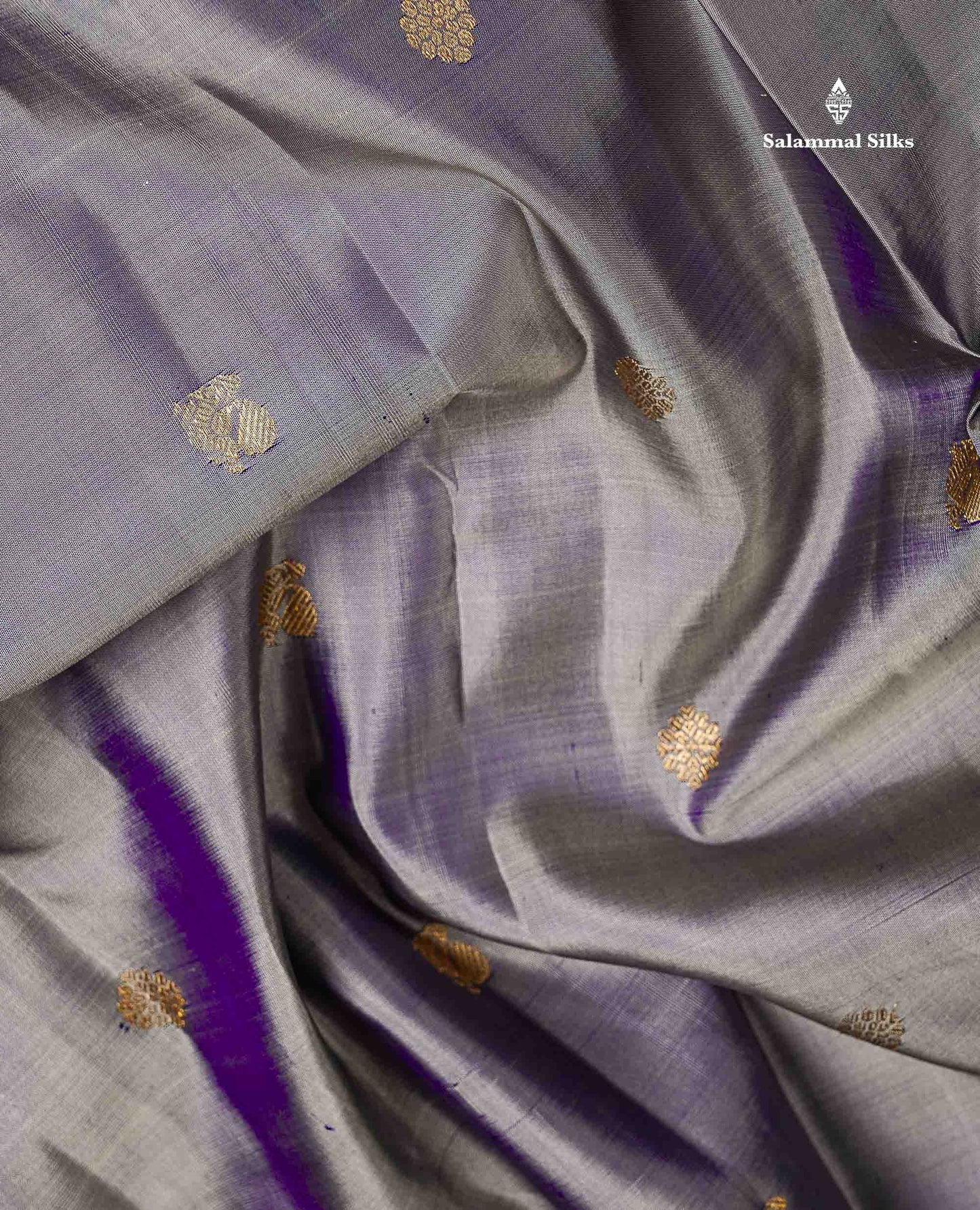 Pure Kanjivaram Silk Saree - Grey White Zari Butta Along With Contrast Dark Purple Traditional Long Border