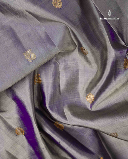 Pure Kanjivaram Silk Saree - Grey White Zari Butta Along With Contrast Dark Purple Traditional Long Border