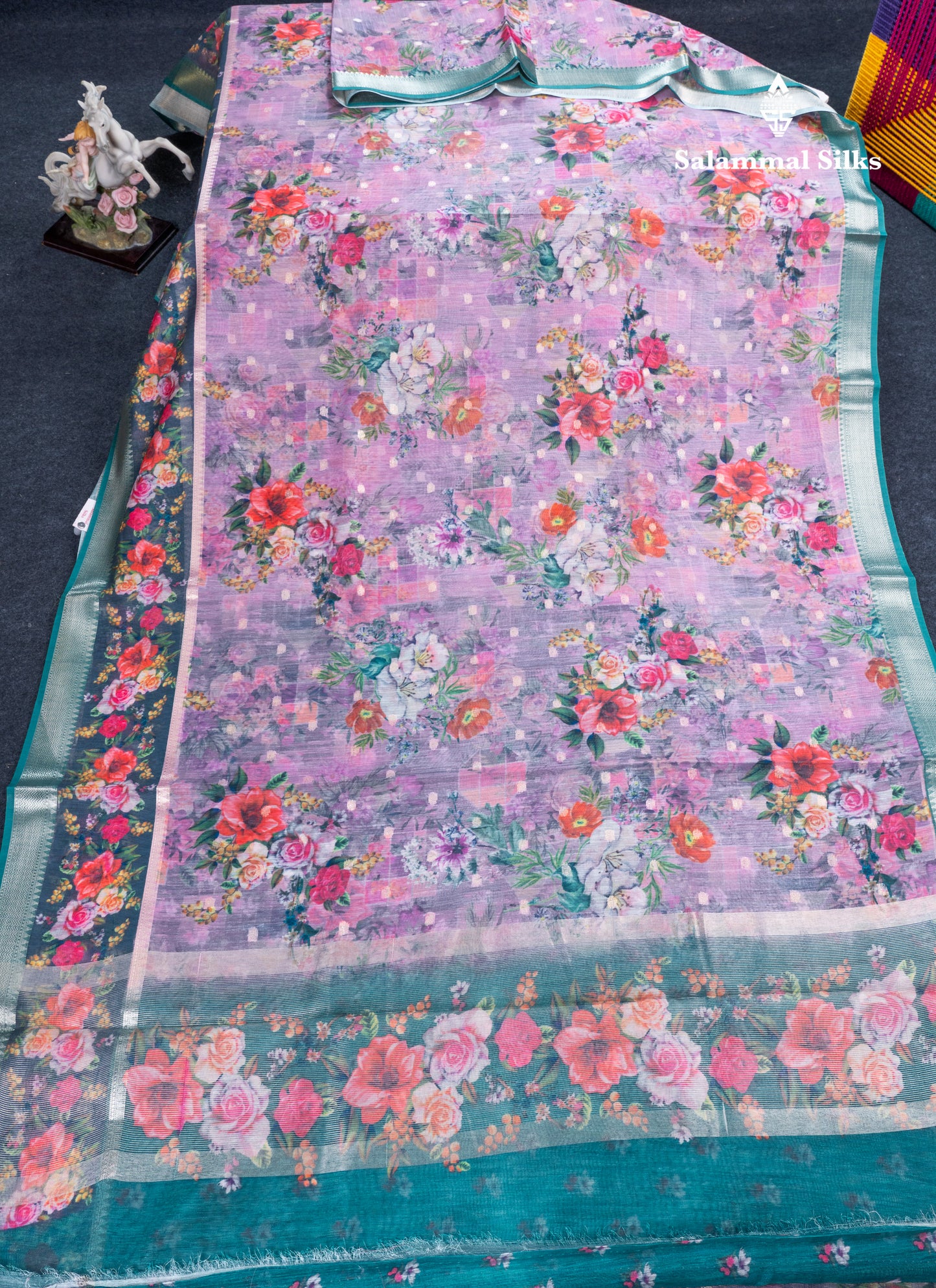 Light Pink Printed Linen Mix Fancy Saree With Contrast Peacock Green Fancy Border