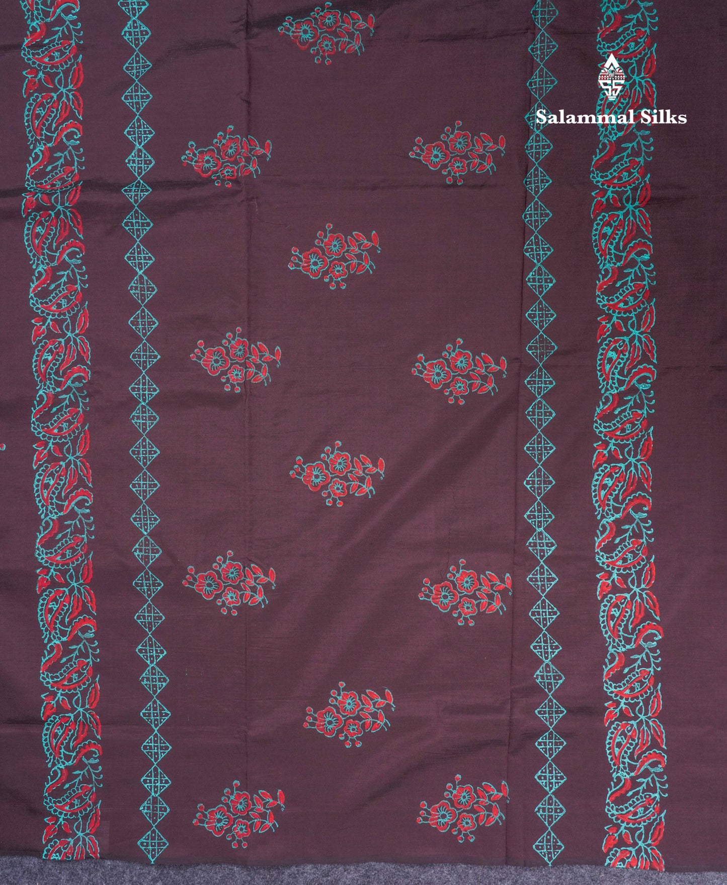 Dark Brown South Cotton Printed Saree With Contrast Sapphire Green Blouse