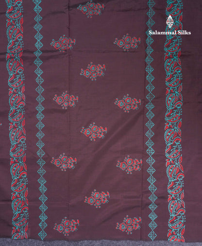 Dark Brown South Cotton Printed Saree With Contrast Sapphire Green Blouse