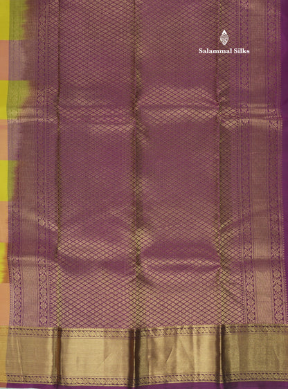 Beautiful Traditional Paalum Pazham Checks Pure Kanjivaram Silk Saree With Gold Zari Border
