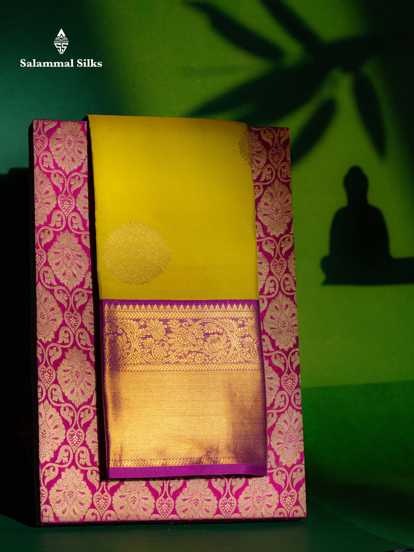 Manthulir Yellow Kanjivaram Pure Silk Saree With Magenta Blouse