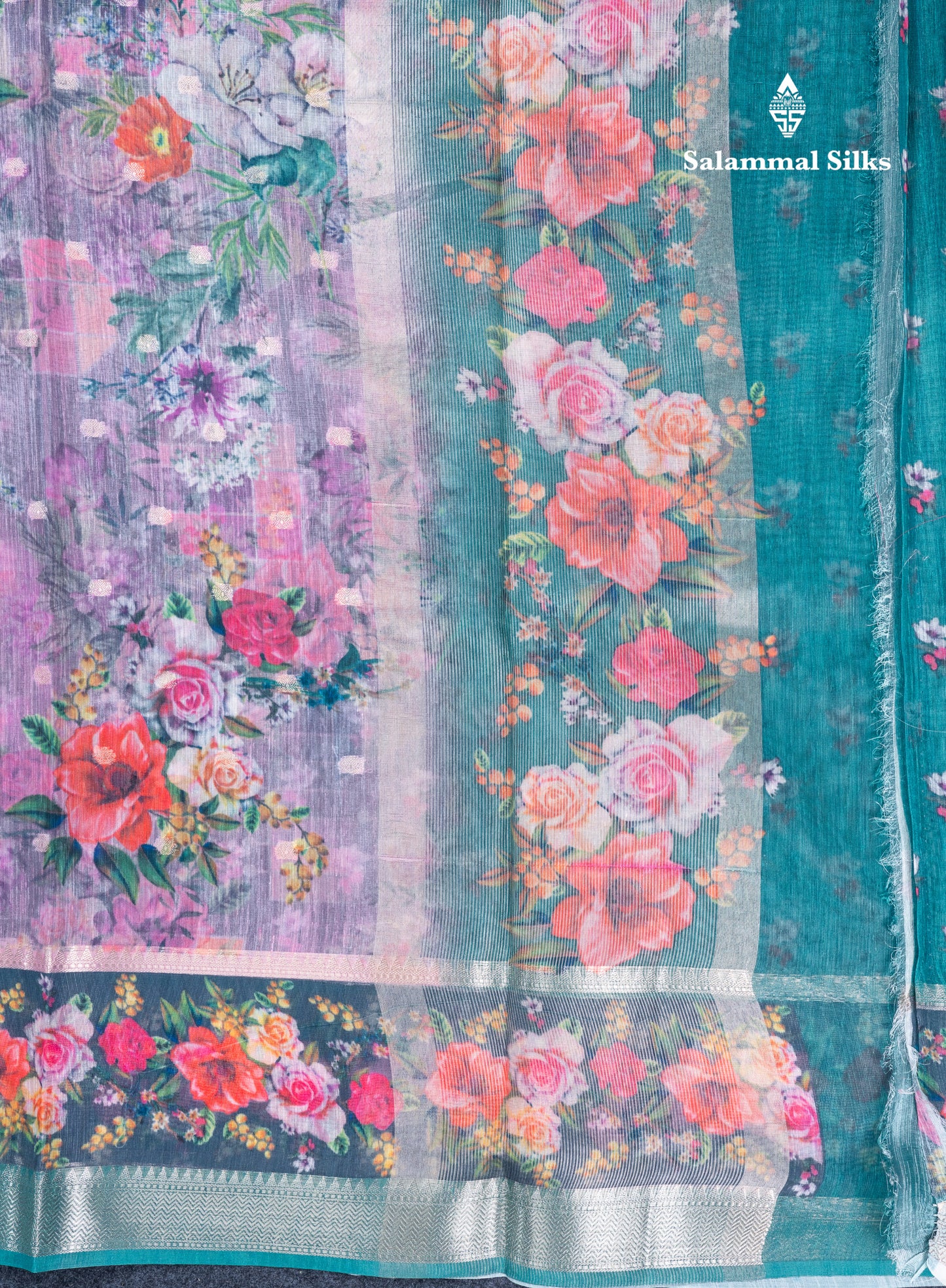 Light Pink Printed Linen Mix Fancy Saree With Contrast Peacock Green Fancy Border