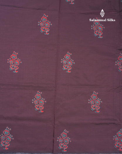 Dark Brown South Cotton Printed Saree With Contrast Sapphire Green Blouse
