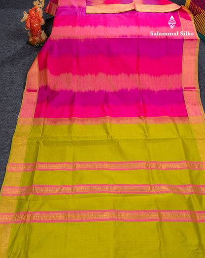 Beautiful Multicolour Semi Silk Cotton Saree With Contrast Parrot Green Blouse