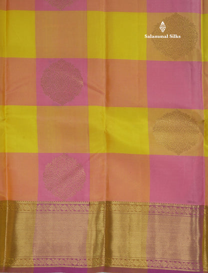 Beautiful Traditional Paalum Pazham Checks Pure Kanjivaram Silk Saree With Gold Zari Border