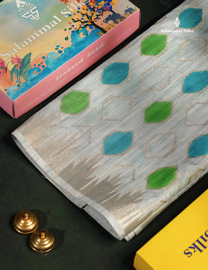 Cotton Mix Saree -  Grey White Meenakari Work Along With Temple Border