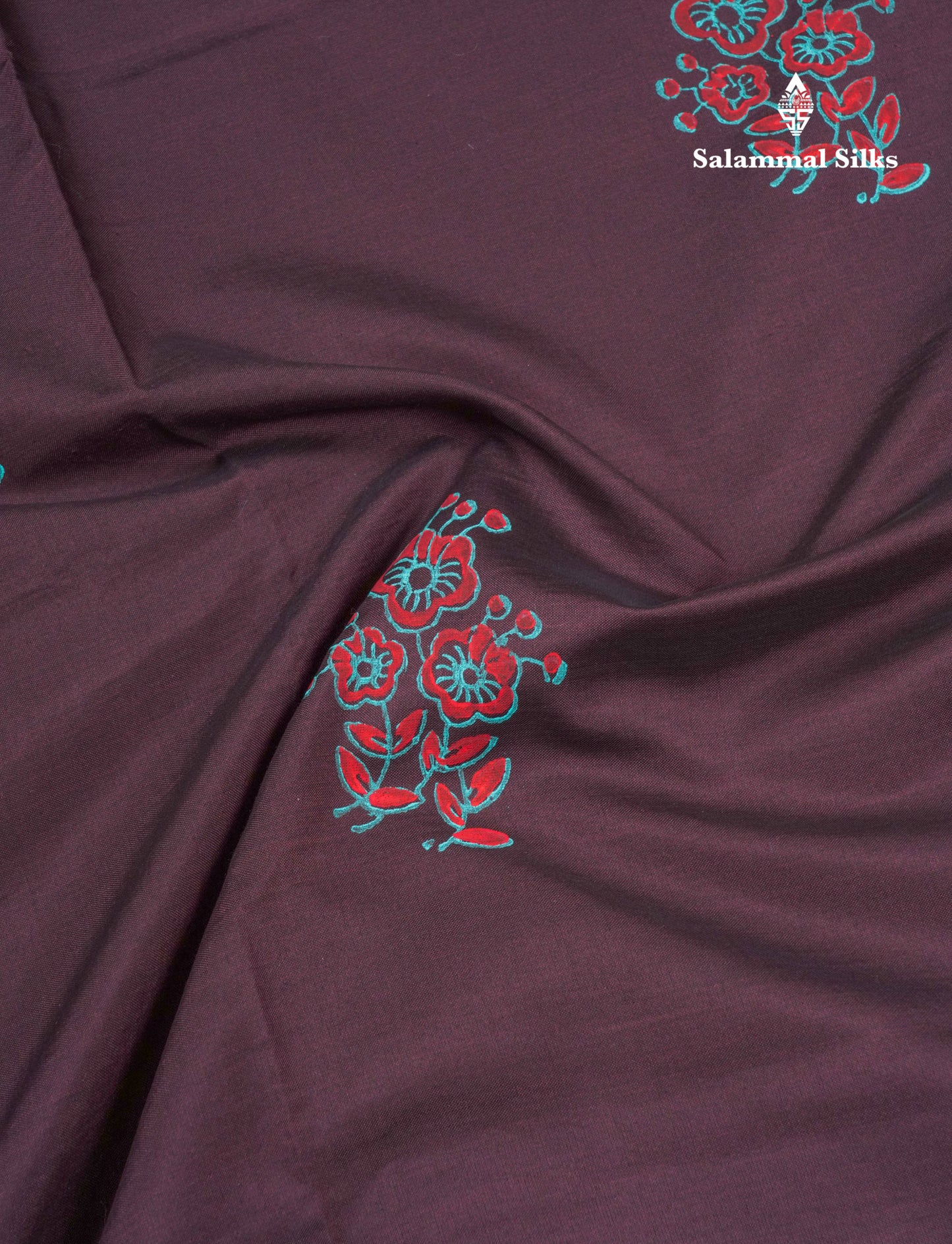 Dark Brown South Cotton Printed Saree With Contrast Sapphire Green Blouse