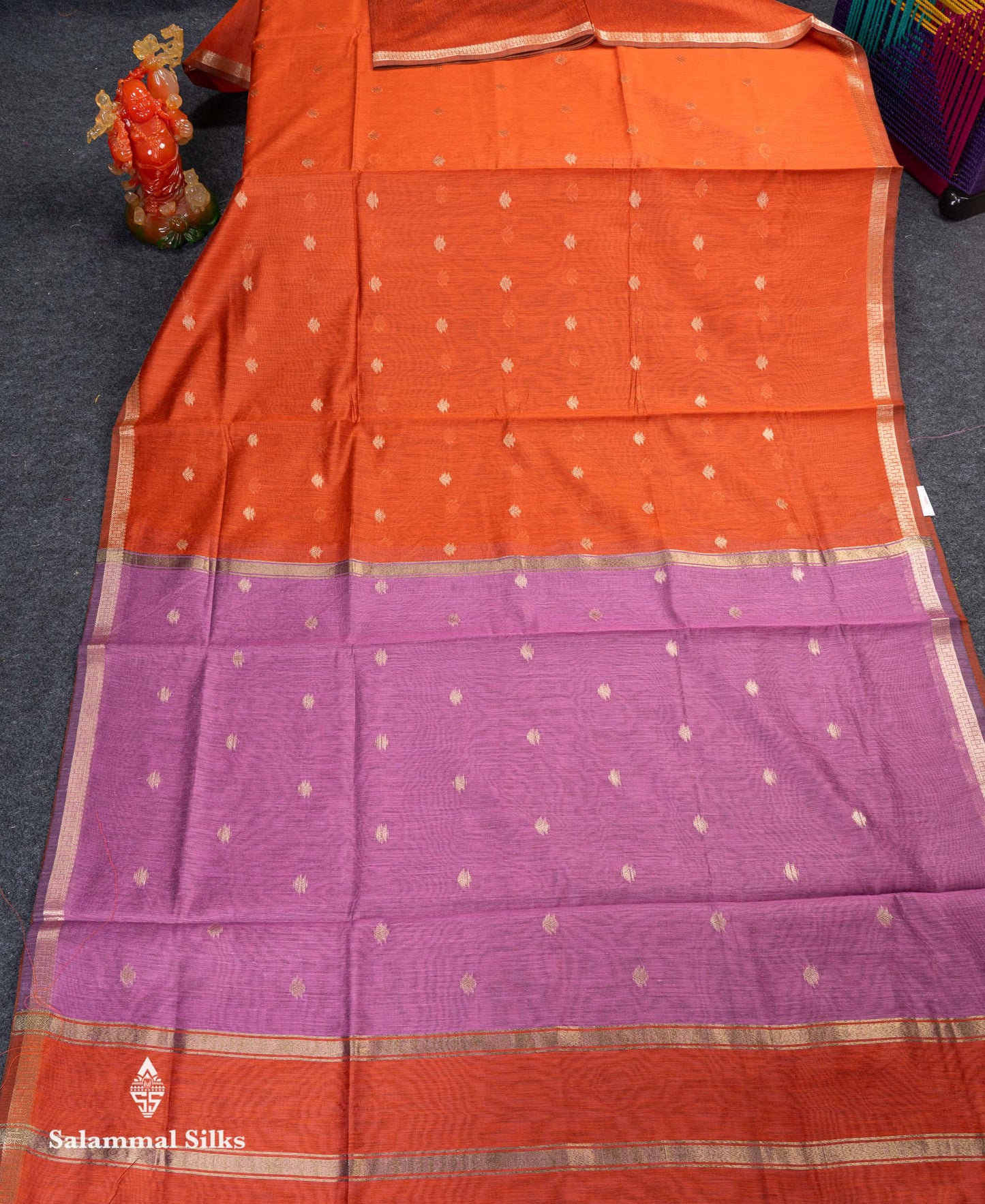 Beautiful Light Chocolate Maheshwar Cotton Saree With Contrast Light Lavender Blouse