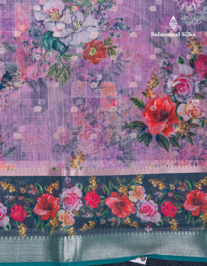 Light Pink Printed Linen Mix Fancy Saree With Contrast Peacock Green Fancy Border