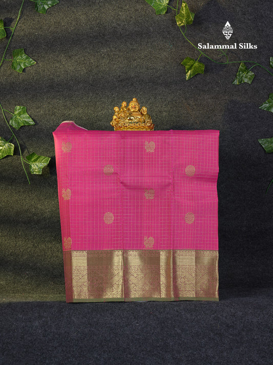 Beautiful Pure Silk Pattu Pavadai Zari Checks With Butta (Pink) With Contrast Parrot Green Blouse 18"