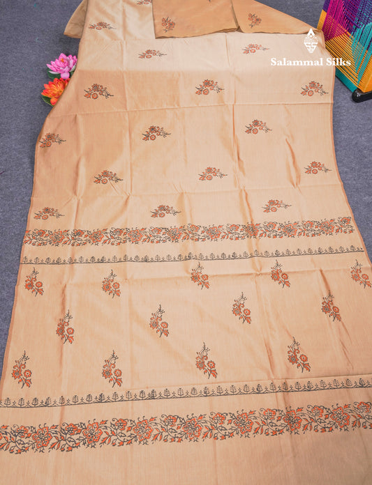 Sandal South Cotton Printed Saree With Contrast Orange Blouse