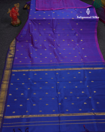 Beautiful Dual Tone Violet Pure Kanjivaram Silk Saree With Contrast Navy Blue Traditional One Side Border