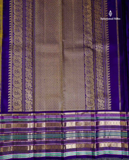Pure Kanjivaram Silk Saree - Olive Green Zari Butta Along With Contrast Dual Tone Navy Blue Traditional Long Border