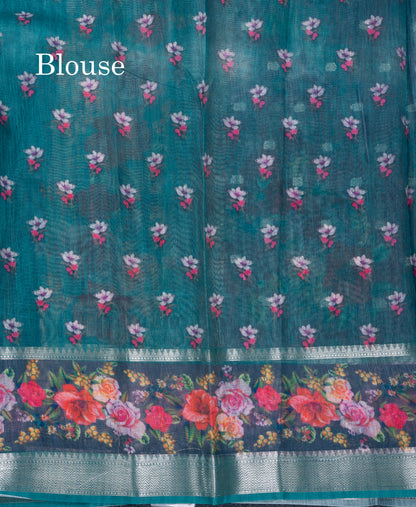 Light Pink Printed Linen Mix Fancy Saree With Contrast Peacock Green Fancy Border