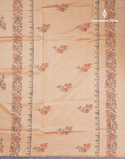 Sandal South Cotton Printed Saree With Contrast Orange Blouse